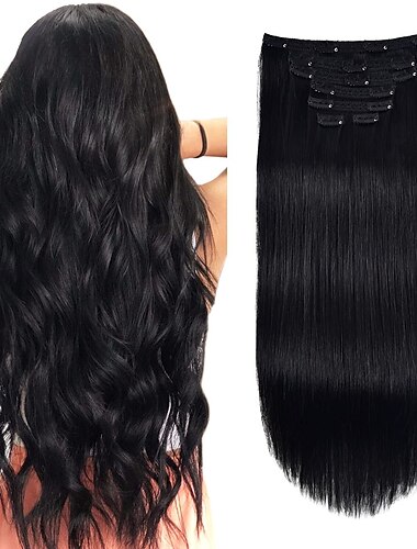  A Clipser Extensions de cheveux Cheveux Naturel humain 7 pièces Pack Droit soyeux Noir Extensions de cheveux