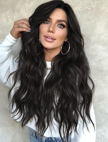  Long Black Wavy Wigs for Women Middle Part Curly Black Wig Natural Looking Synthetic Heat Resistant Fiber Wigs Hair Replacement Wigs for Daily Party Use Wig 24inch Christmas Party Wigs