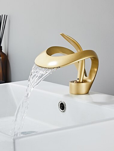  Schwarzer Waschbecken-Mischbatterie-Wasserhahn, Wasserfall-Auslauf, Messing-Waschtischarmaturen, Einhand-Einloch-Waschbecken-Badezimmerarmatur mit Heiß- und Kaltschalter, goldgraues Chrom