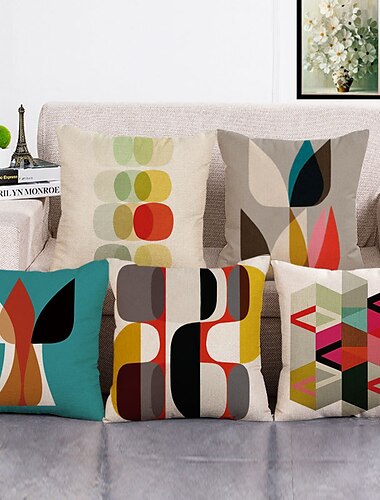 Set of 5 Pillow Cover, Geometric Bohemian Style Retro Cotton / Faux Linen Throw Pillow
