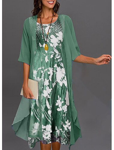  Conjunto de vestido de mujer vestido de dos piezas vestido midi verde azul gris media manga estampado floral verano primavera u cuello casual 2023 s m l xl xxl 3xl