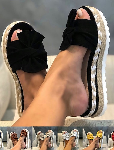  kvinnors vita rosett espadrille plattformsandaler – avslappnade sommarslipade kilar med flätad jutesula