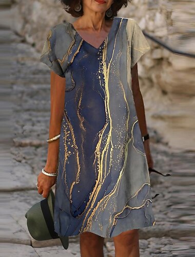  Dames Halflange jurk Casual jurk Hemdjurk Stijlvol Basic Casual Dagelijks Weekend Zomerjurk Ruim Passend Kleurgradatie Marmeren afdrukken Korte mouw V-hals blauw Zomer Lente
