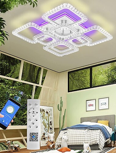  Dimmbare Chrom-Acryl-Deckenleuchte, LED-Deckenleuchte mit 5 Köpfen und 8 Köpfen, mit Hintergrundbeleuchtung und App-Anschluss/Fernbedienung, geeignet für Schlafzimmer, Wohnzimmer, Büros, Kinderzimmer