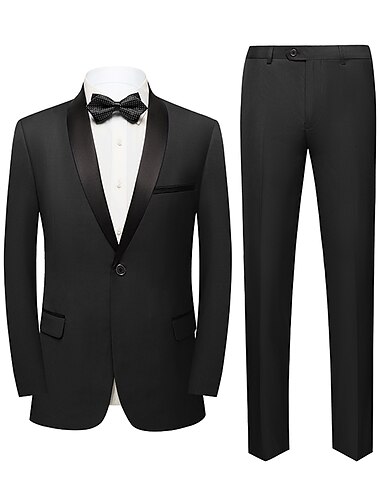  Esmoquin negro burdeos para fiesta de noche para hombre, 2 piezas, color sólido, cuello chal, ajuste estándar, un solo botón, 2024