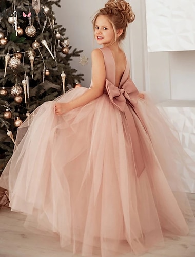  Kids Little Girls' Tutu flower Dress Solid Colored Party Wedding Special Occasion Backless Ruched Mesh Pink Lace Maxi Sleeveless Elegant Princess Beautiful Dusty rose Regular Fit 3-10 Years