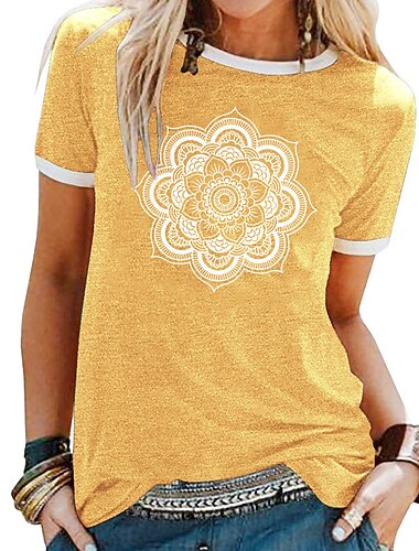 Dame T skjorte Lapper Trykt mønster Blomstret Grafisk Mandala Grunnleggende Kortermet Rund hals Vanlige topper Daglig Helg Blå Svart Gul Lilla Grønn Vår, Høst, Vinter, Sommer