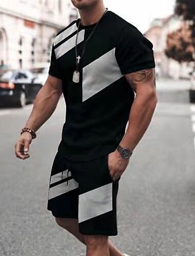  Herren T-Shirt Anzüge Trainingsanzug Tennishemd Shorts und T-Shirt-Set Kurzarm Rundhalsausschnitt Frühling & Sommer Farbblock Sport Mode Designer 2 teilig Outdoor Straße Lässig Schwarz Rote Blau Top