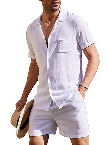  Hombre camisa de lino Camisa de lino de algodón Camisa de algodón blanca 2 Piezas Conjunto de camisa Camisa de verano Plano Exterior Calle Negro Blanco Verde Ejército Beige Manga Corta Cuello Vuelto