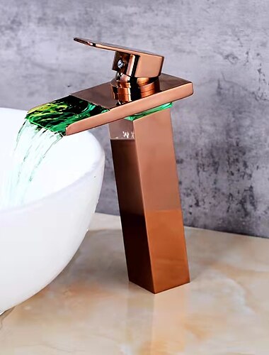  Badezimmer-Waschtischarmatur, hoher LED-Wasserfallauslauf, 3 Farbwechsel mit der Temperatur, Spültischmischer-Mono-Waschtischarmaturen, Einhebel-Einloch-Waschraum-Wasserhahn aus Messing, Deckmontage