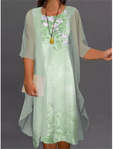 Frauen plus Größe Kurve zweiteiliges Kleid Blumen Rundhals Druck 3 4 Länge Ärmel Frühling Sommer lässig knielangen Kleid lässiges tägliches Kleid