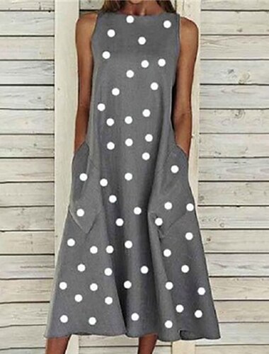  Vrouwen Midi Jurk Casual Jurk Shift Jurk Tank Jurk Polka Dot Print Crew Neck Basis Dagelijks Vakantie Mouwloos Zomer Lente