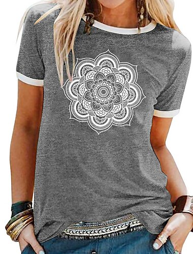  Femme T shirt Floral Graphic Mandala basique Manche Courte Col Rond Hauts réguliers du quotidien Fin de semaine Patchwork Imprimer Noir Jaune Bleu Violet Vert Printemps, Août, Hiver, Eté