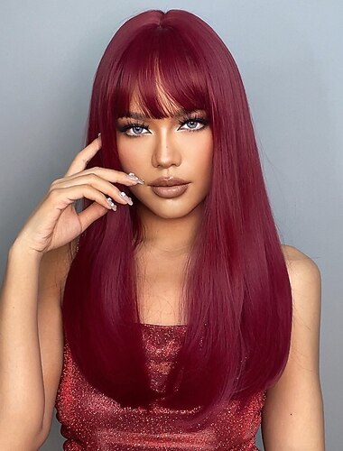  haircube cosplay lungo rettilineo oro/rosso vino/nero parrucche sintetiche con frangetta per le donne african american lolita festa quotidiana fibra resistente al calore parrucche per feste di natale