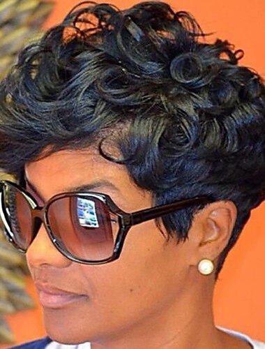  pelucas de pelo corto ondulado corto pixie pelucas corte pixie pelucas para mujeres mullidas pelucas sintéticas naturales flequillo negro