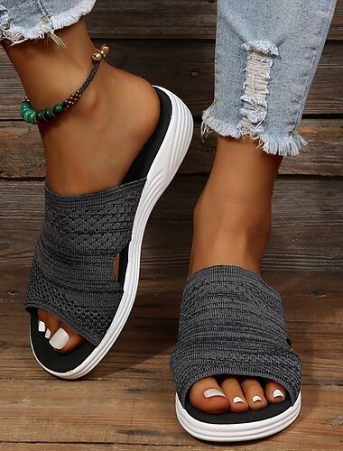  Dame Sandaler Store størrelser Utendørs tøfler Flyknit sko Daglig utendørs Vandring Helfarge Ensfarget Sommer Flat hæl Åpen Tå Klassisk Fritid Syntetisk Flying Weaving Tøfler Svart Rosa Blå
