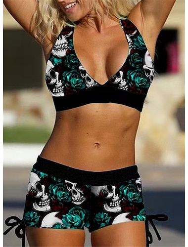  女性用 プラスサイズ スイムウェア ビキニ 2ピース 水着 オープンバック セクシー プリント ハイウェストの ビッグバスト用 スカル V ワイヤー 旅行度假风 ファッション 水着