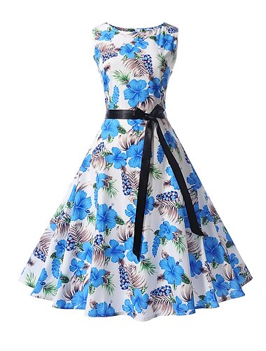  Audrey Hepburn Retro Vintage 1950s Cocktailkleid Mexikaner A-Linie Kleid Blumenkleid Damen Kostüm Weiß / Schwarz / Gelb Jahrgang Cosplay Cinco de Mayo Fiesta Ärmellos
