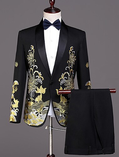 costume de bal pentru bărbați, alb, negru, petrecere de nuntă, smoking de seară, guler șal, 2 piese, brodat floral, croit, pe un singur piept, cu un singur buton 2024