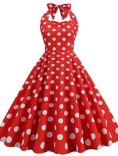  1950er Offener Rücken Cocktailkleid Midlänge Kleid Ärmellose Kleider A-Linie Kleid Ärmellos Gerüscht Tupfen Punkte Druck Ballkleid V Ausschnitt Neckholder Normal Damen Valentinstag Maskerade