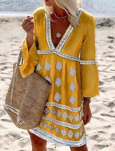  Damen Minikleid Ethnisches Kleid Etuikleid Boho-Kleid Urlaub Klassisch Brautkleider schlicht Outdoor Urlaub Festtage Regular Fit Geometrisch Langarm V Ausschnitt Schwarz Blau Gold Sommer Frühling