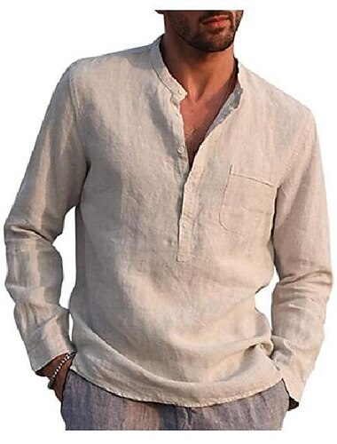  Hombre Camisa camisa de lino Camisa con cuello mao Camisa de verano Ropa de playa Color sólido Calle Hawaiano Bleu Ciel Negro Blanco Vino Tinto Manga Larga Cuello Ropa