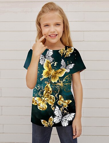  Mädchen 3D Tiermotiv Schmetterling T-Shirt Kurzarm 3D-Druck Sommer Frühling Aktiv Mode Niedlich Kinder 3-12 Jahre Outdoor Täglich Innen Normale Passform