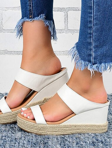 Sandales compensées espadrilles blanches pour femmes avec bout ouvert et double bride pour les tenues décontractées, de plage et d'été