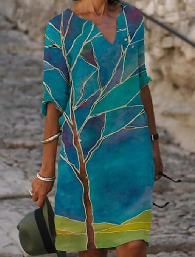  Robe Mini Femme Robe Petite Robe T Shirt Robe Tee Robe Shift Robe d'Été Robe Bohème Moderne Boho Vacances Travail Décontractée Coupe Régulière Imprimé Floral Arbre Manches Mi-Longues Col en V Bleu