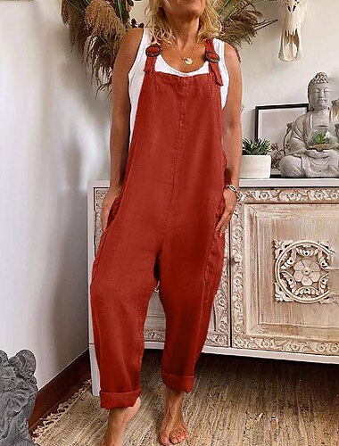  Damen Modisch Overall Jumpsuit Seitentaschen In voller Länge Hose Casual Wochenende Unelastisch Glatt Leinenoptik Komfort Mittlere Taillenlinie Grün Schwarz Rote S M L XL XXL