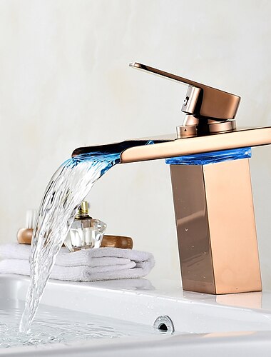  Waschtischarmatur mit Versorgungsschlauch, LED-Wasserfallauslauf, Einhand-Einloch-Waschtischarmatur, Waschbecken-Mischbatterie mit Schrägkörper