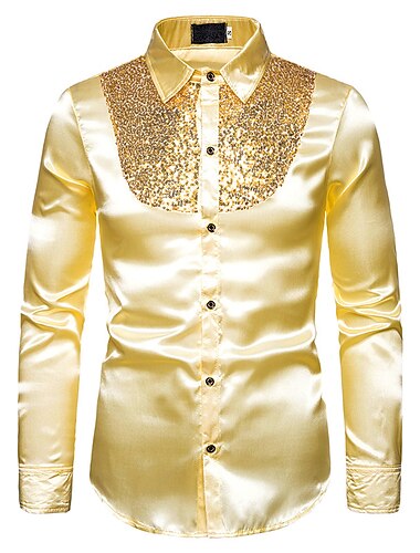  Herren Abschlussball-Shirt Disco-Shirt Satinhemd Smokinghemden Feste Farbe Hochzeit Party Schwarz Weiß Rote Blau Langarm Umlegekragen Sommer Frühling Bekleidung Pailletten