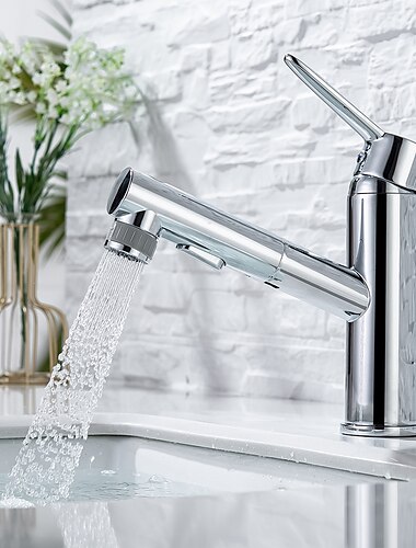  Badezimmer-Waschbecken-Mischbatterie, herausziehbare Brause, 2-Modus-Auslauf mit Stopp-Taste, Einhand-Waschtischarmaturen Mono mit Kalt- und Warmschlauch, Chrom, Schwarz, Gold