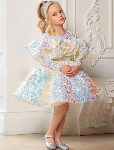  lasten pikkutyttöjen mekko paljetti linjamekko hääesitys rypytetty kimallus sateenkaari polvipituinen pitkähihainen prinsessa suloiset mekot syksyn kevät normaali istuvuus 3-12 vuotta
