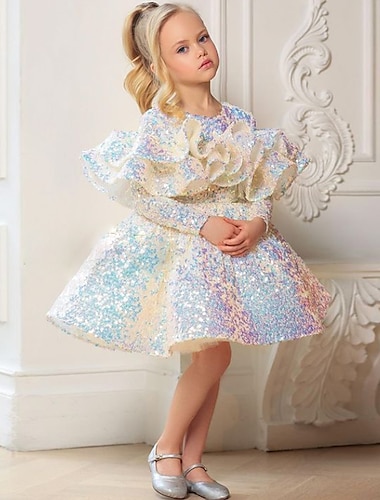  Kids Little Girls' Dress Sequin A Line Dress Wedding Performance Ruched Sparkle Rainbow Knee-length Long Sleeve Princess Sweet Dresses Fall Spring Regular Fit 3-12 Years