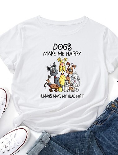  Damen T Shirt Hund Kurzarm Täglich Basic U-Ausschnitt Standard Baumwolle S