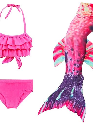  Kinderen Voor meisjes Drie stuk Zeemeermin zwemkleding Badmode Bikini Bikini Zwemmen Kinderdag Kleurenblok leuke Style Sexy Afdrukken Badpakken 3-10 jaar Zomer Rood