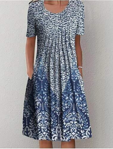  Dames Midi Jurk Casual Jurk Shift Jurk Bloemen Print Gerimpelde Print Crew Neck Basis Klassiek Dagelijks Vakantie Korte Mouw Zomer Lente