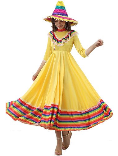  Mexikaner Maskerade Traditionelles Kleid Erwachsene Damen Cosplay Vintage-Kleid Cinco de Mayo Unabhängigkeitstag von Mexiko Tag der Toten Karneval Maskerade Fest / Feiertage Polyester Gelb / Rote