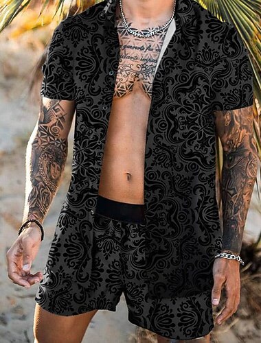  Per uomo Floreale Set di camicie Set Camicia Camicia Grafica Camicia Aloha Manica Corta Collo ripiegato Moda Designer Casual All'aperto Streetwear Quotidiano Stampato Bottonato Estate Primavera Nero