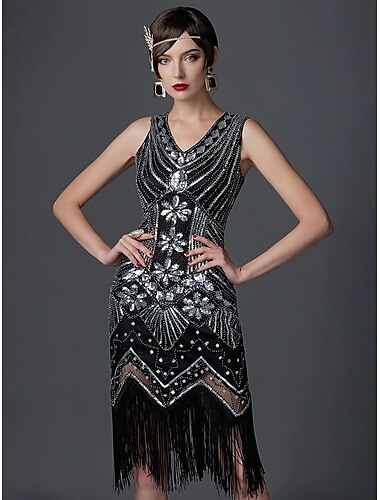  Goldene Zwanziger 1920er Cocktailkleid Knielang Flapper Kleid Kleid Outfits Der große Gatsby Charleston Übergrössen Quastenfransen Feder Damen Karneval Neujahr Maskerade Party Heimkehr Hochzeitsfeier