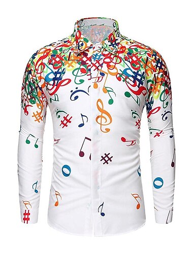  Herre Musik Noder Button Up skjorte Langærmet Hawaiiansk Afslappet Strandstil Ferierejse Daglig Sommer Forår Efterår Krave Trykt mønster Sort Hvid Gul Blå