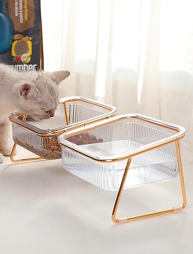  Cuenco transparente para gatos, cuenco para gatos de patas altas, protector bucal oblicuo, vértebra cervical, agua potable, cuenco para comida de gatos, cuenco doble de hierro forjado fácil de limpiar