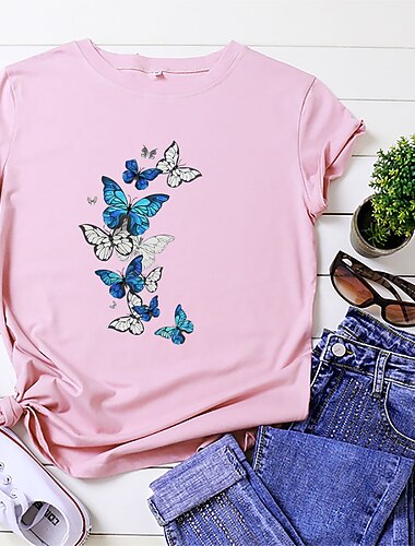  Per donna Maglietta Stampato Base Farfalla Essenziale Manica Corta Corte Girocollo Top Regolari Quotidiano Casa Data Blu Nero Bianco Rosa scuro Estate
