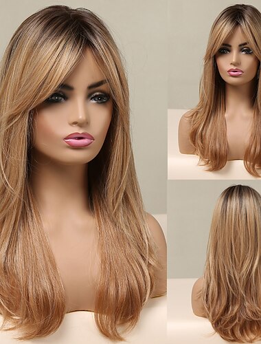  blonde pruiken met pony lange rechte pruiken ombre zwart blonde as pruiken met pony hittebestendige synthetische pruiken voor afro-amerikaanse vrouwen kerstfeest pruiken barbiecore pruiken