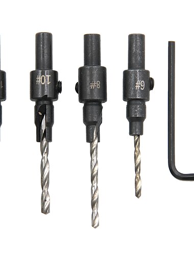  4 peças brocas hss haste redonda escareada ferramenta de roscar madeira para trabalhar madeira tamanho do furo piloto #6 #8 #10 #12 com 1 chave