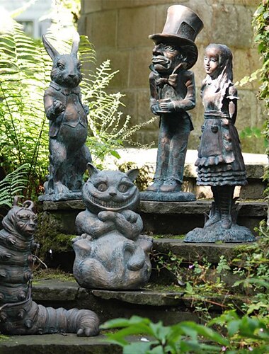  Adorno de resina del país de las maravillas, estatua de jardín/patio, juego de figuritas de Alicia, estatua de conejito, decoración de jardín del país de las Maravillas