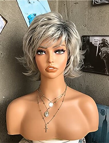  pixie cut peruker kort grå peruk silver ommber grå vågiga pixie cut peruker för vita kvinnor med lugg syntetiskt naturligt hår