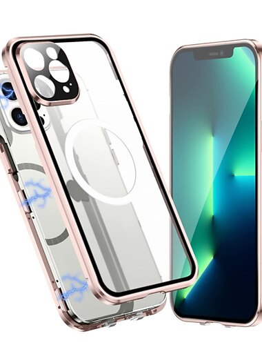  telefone Capinha Para iPhone 14 Pro Max Plus 13 12 11 Pro Max Caso de Adsorção Magnética Com Magsafe Dupla Face Antichoque Vidro Temperado Metal