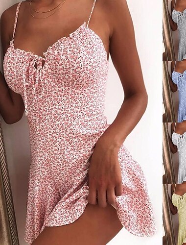  Dames Casual jurk Zonnejurk Bloemetjesjurk Mini-jurk Donkergeel Licht Roze Wit Mouwloos Bloemig Veters Lente Zomer Spaghettibandjes heet Vakantie Weekend Slank 2023 S M L XL XXL 3XL 4XL 5XL